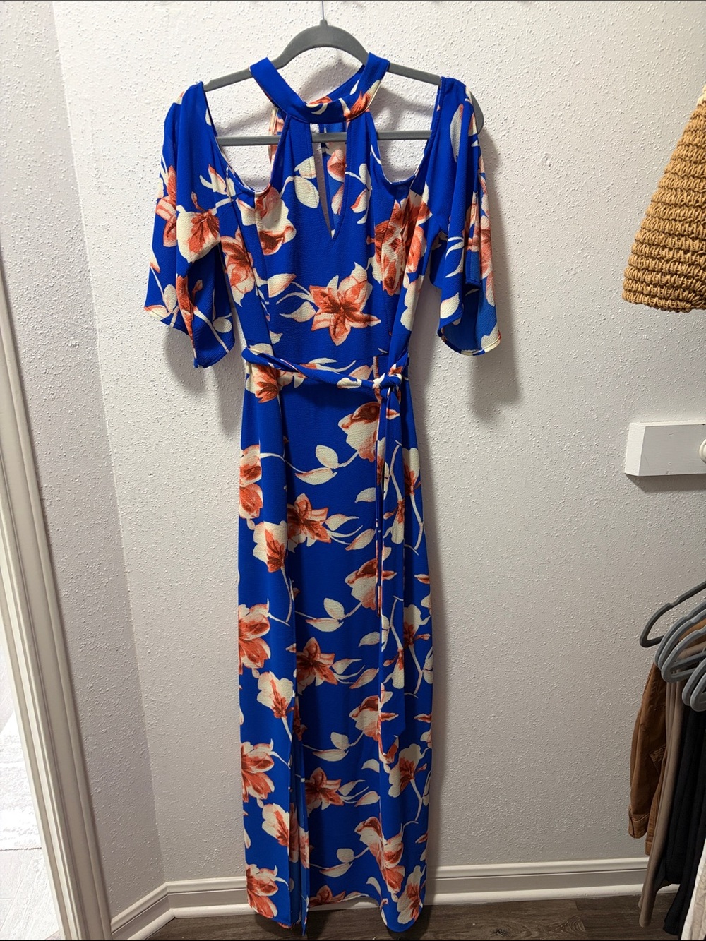Floral Cold-Shoulder Maxi Dress in Royal Blue